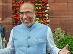 Manipur Chief Minister N. Biren Singh at Parliament House Complex during the second part of the Budget Session of Parliament in New Delhi on Wednesday. (PTI PHOTO.) Manipur Chief Minister N. Biren Singh at Parliament House Complex during the second part of the Budget Session of Parliament in New Delhi on Wednesday. (PTI PHOTO.)