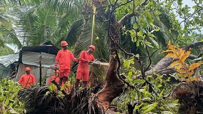 NDRF team clearing trees in vulnerable areas as a precautionary measure for the Cyclone Asani, in Andaman. (ANI)