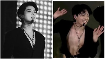 Jungkook's jacket popped open during BTS' Seoul concert.