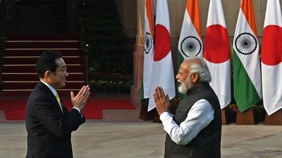 Japan's Prime Minister Fumio Kishida (L) and PM Narendra Modi gesture as they pose for pictures before their meeting at the lawns of the Hyderabad House in New Delhi. (AFP) Japan's Prime Minister Fumio Kishida (L) and PM Narendra Modi gesture as they pose for pictures before their meeting at the lawns of the Hyderabad House in New Delhi. (AFP)