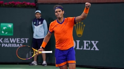 Rafael Nadal, of Spain, reacts after defeating Carlos Alcaraz, of Spain, during the men's singles semifinals at the BNP Paribas Open tennis tournament Saturday (AP)