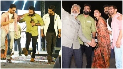Aamir Khan, Jr NTR, Ram Charan, Alia Bhatt, and SS Rajamouli during RRR movie promotions in Delhi. Aamir Khan, Jr NTR, Ram Charan, Alia Bhatt, and SS Rajamouli during RRR movie promotions in Delhi.