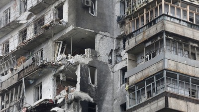 A view shows a residential building which was damaged during Ukraine-Russia conflict in the besieged southern port city of Mariupol, Ukraine. (REUTERS)