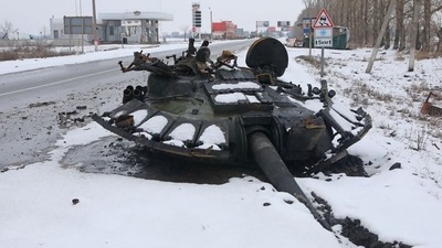 The turret of a destroyed tank is seen on the roadside in Kharkiv, Ukraine. (Reuters)