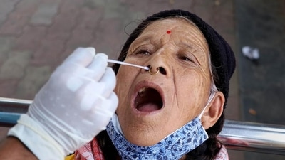 A woman provides swab samples for Covid testing in Bengaluru. (PTI) A woman provides swab samples for Covid testing in Bengaluru. (PTI)