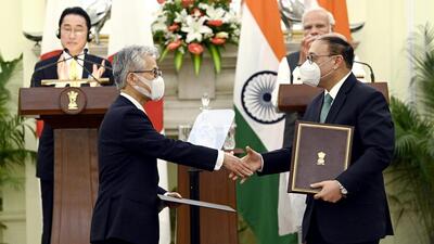 Suzuki Motor Corporation signed a MoU with the Gujarat government in the presence of Indian Prime Minister Narendra Modi and Japanese Prime Minister Fumio Kishida at the India-Japan Economic Forum in New Delhi on Saturday. (ANI)