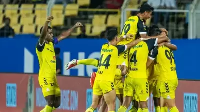 Hyderabad players celebrating the goal during the final. (ISL) Hyderabad players celebrating the goal during the final. (ISL)