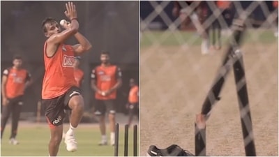 T Natarajan breaks the stump during SRH training session. (Instagram) T Natarajan breaks the stump during SRH training session. (Instagram)