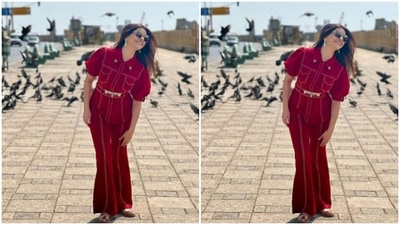 Rubina’s casual outfits are goals for us. A few days back, the actor decked up in a red denim co-ord set from the shelves of Shalini Rathod. (Instagram/@rubinadilaik)