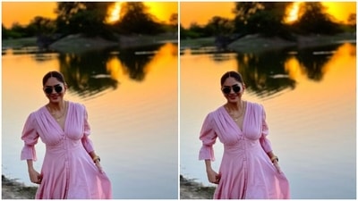 Mrunal played muse to the fashion designer house Bunaai and picked a pastel pink gown for the outdoor photoshoot. (Instagram/@mrunalthakur)