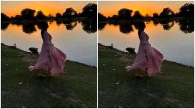 Mrunal’s pastel pink gown came with dramatic quarter sleeves and gathered up details near to the shoulders. (Instagram/@mrunalthakur)