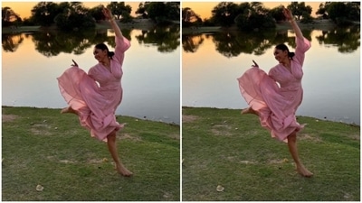 With the sunset and a water body in the backdrop, Mrunal danced with all her heart for the camera. (Instagram/@mrunalthakur)