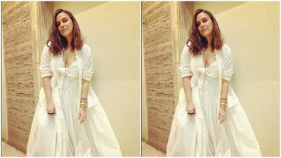 Neha’s party fashion game is getting better by the day. A few days back, Neha chose to go all-white in a stunning gown from the shelves of Ilamra. (Instagram/@nehadhupia)