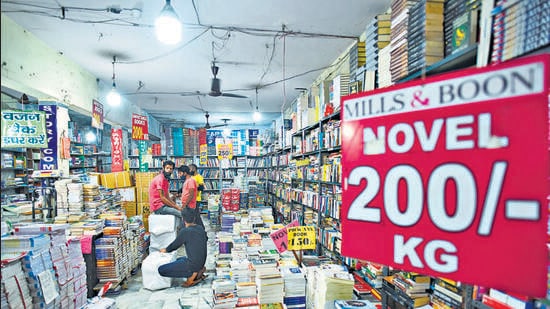 Most of these bookshops in Daryaganj used to be garment and shoe shops until a few years back. Today, there is a huge demand for space for bookshops in the market, and some of those looking to open bookshops are those who used to sell books in the Sunday Book Bazar. (Amal KS/HT Photo)