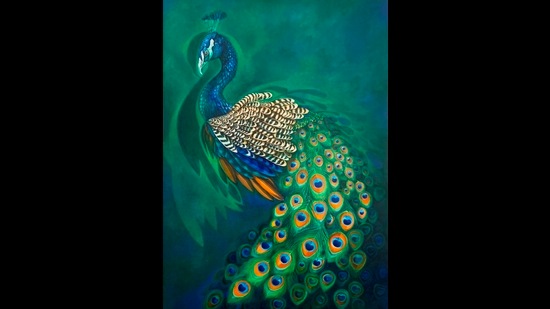 One of the canvases on display shows a peacock with its beautiful plumage.