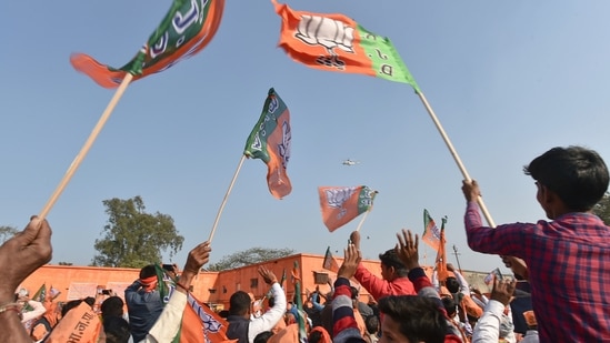 Party supporters hold BJP flags in UP. (File photo)&nbsp;(PTI)