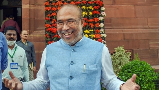 Manipur Chief Minister N. Biren Singh at Parliament House Complex during the second part of the Budget Session of Parliament in New Delhi on Wednesday. (PTI PHOTO.)