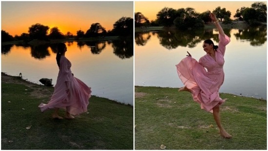 Mrunal Thakur is in the sunset state of mind. The actor took a trip to Bikaner and watched the sun go down behind it in a picturesque scene. The pictures from her sunset view were shared on her Instagram profile and since then, we are confused what to look at more – the stunning sunset or the gorgeous pictures of Mrunal in a pink gown.(Instagram/@mrunalthakur)