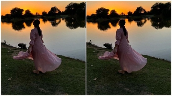 Mrunal looked away from the camera and had a moment with the sunset in the ankle-length gown.(Instagram/@mrunalthakur)