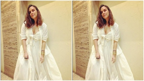 Neha’s party fashion game is getting better by the day. A few days back, Neha chose to go all-white in a stunning gown from the shelves of Ilamra.(Instagram/@nehadhupia)