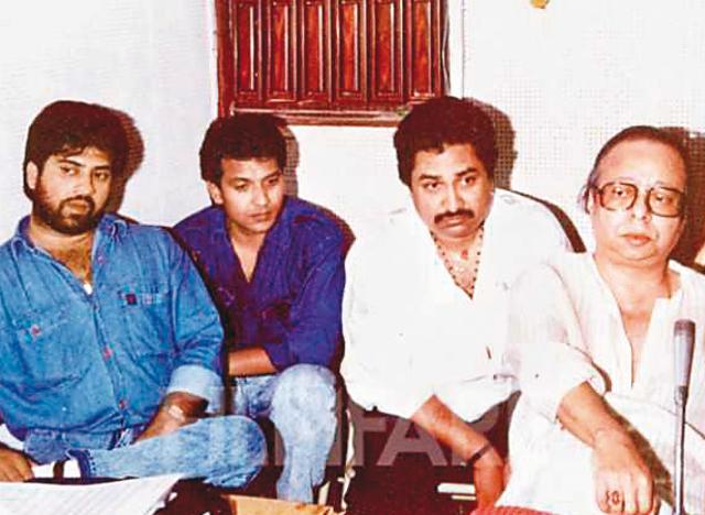 Kumar Sanu (second from right) with RD Burman (extreme right) during the recording of a song Kumar Sanu (second from right) with RD Burman (extreme right) during the recording of a song