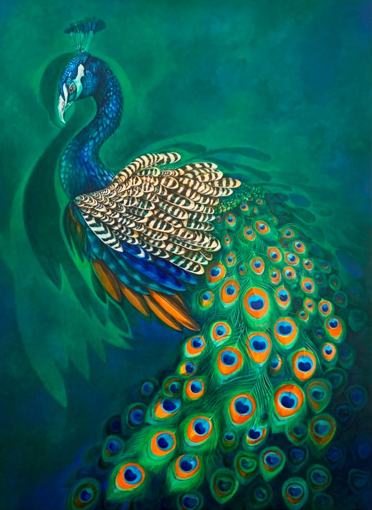 One of the canvases on display shows a peacock with its beautiful plumage.