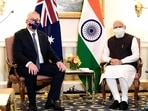 Prime Minister Narendra Modi meets his Australian counterpart Scott Morrison on September 23, 2021.(ANI Photo) Prime Minister Narendra Modi meets his Australian counterpart Scott Morrison on September 23, 2021.(ANI Photo)