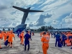 NDRF personnel airlifted to Andaman Nicobar Islands in view of Cyclone Asani, in Arakkonam, Sunday.(PTI) NDRF personnel airlifted to Andaman Nicobar Islands in view of Cyclone Asani, in Arakkonam, Sunday.(PTI)