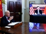 President Joe Biden's virtual meet with Chinese President Xi Jinping from the Roosevelt Room of the White House in Washington. President Joe Biden's virtual meet with Chinese President Xi Jinping from the Roosevelt Room of the White House in Washington.