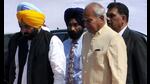 Punjab CM Bhagwant Mann escorting governor Banwarilal Purohit for governor’s speech at the Punjab Vidhan Sabha in Chandigarh on Monday. (Ravi Kumar/HT) Punjab CM Bhagwant Mann escorting governor Banwarilal Purohit for governor’s speech at the Punjab Vidhan Sabha in Chandigarh on Monday. (Ravi Kumar/HT)