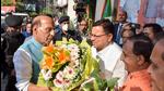 Union defence minister Rajnath Singh, who was the BJP’s central observer in the Uttarakhand legislative party meeting on Monday, said Dhami had left a mark in his short tenure as the chief minister of the state. (PTI) Union defence minister Rajnath Singh, who was the BJP’s central observer in the Uttarakhand legislative party meeting on Monday, said Dhami had left a mark in his short tenure as the chief minister of the state. (PTI)