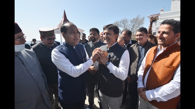 BJP’s Rajya Sabha pick Sikander Kumar with Himachal chief minister Jai Ram Thakur before he filed his nomination on Monday. (Deepak Sansta/HT) BJP’s Rajya Sabha pick Sikander Kumar with Himachal chief minister Jai Ram Thakur before he filed his nomination on Monday. (Deepak Sansta/HT)
