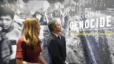 Secretary of state Antony Blinken tours the ‘Burma's Path To Genocide’ exhibit at the United States Holocaust Memorial Museum, in Washington, on Monday. (AP) Secretary of state Antony Blinken tours the ‘Burma's Path To Genocide’ exhibit at the United States Holocaust Memorial Museum, in Washington, on Monday. (AP)