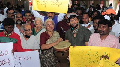 Social activist Medha Patkar along with actor and activist Chetan Kumar participating in a protest against the government’s proposal to construct the Mekedatu reservoir-cum-drinking water project in Karnataka. (File Photo) Social activist Medha Patkar along with actor and activist Chetan Kumar participating in a protest against the government’s proposal to construct the Mekedatu reservoir-cum-drinking water project in Karnataka. (File Photo)