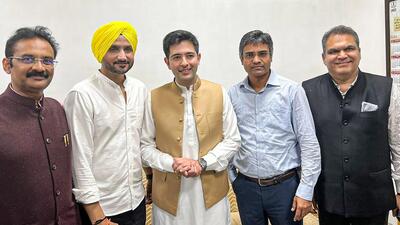 (From left) Ashok Mittal, Harbhajan Singh, Raghav Chadha, Sandeep Pathak and Sanjeev Arora after filing their nomination papers for Rajya Sabha from Punjab on Monday. (PTI) (From left) Ashok Mittal, Harbhajan Singh, Raghav Chadha, Sandeep Pathak and Sanjeev Arora after filing their nomination papers for Rajya Sabha from Punjab on Monday. (PTI)