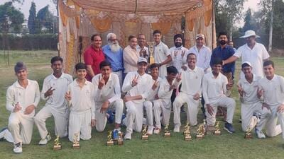 LDCA Blues flashing victory sign after winning U-16 Junior Cricket League being held at GRD Academy in Ludhiana, (HT PHOTO)