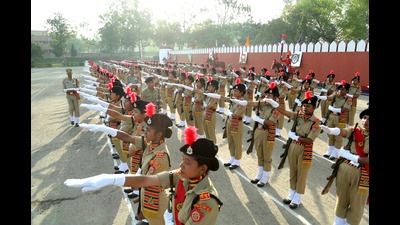 Women recruits taking oath during the passing out ceremony at the BSF training centre Kharkan on Monday.