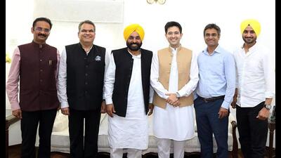 Former cricketer Harbhajan Singh, Delhi MLA Raghav Chadha and IIT-Delhi faculty Sandeep Pathak are among the five Aam Aadmi Party (AAP) candidates who filed their nomination papers for the Rajya Sabha from Punjab on Monday amid criticism by rival parties for fielding people from outside the state. Former cricketer Harbhajan Singh, Delhi MLA Raghav Chadha and IIT-Delhi faculty Sandeep Pathak are among the five Aam Aadmi Party (AAP) candidates who filed their nomination papers for the Rajya Sabha from Punjab on Monday amid criticism by rival parties for fielding people from outside the state.
