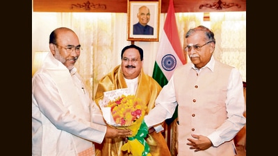 Manipur CM N Biren Singh with BJP national president JP Nadda and Manipur governor La Ganesan, on Monday. (ANI) Manipur CM N Biren Singh with BJP national president JP Nadda and Manipur governor La Ganesan, on Monday. (ANI)