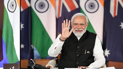 Prime Minister Narendra Modi at the 2nd India-Australia Virtual Summit, in New Delhi on Monday. (ANI) (HT_PRINT)