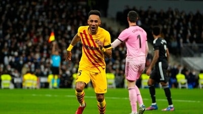 Barcelona's Pierre-Emerick Aubameyang celebrates&nbsp; (AP)