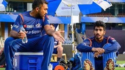Mahela Jayawardene and Jasprit Bumrah (Twitter/mipaltan) Mahela Jayawardene and Jasprit Bumrah (Twitter/mipaltan)