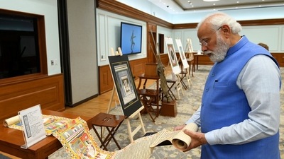 Prime Minister Narendra Modi inspects antiquities that have returned from Australia, in New Delhi, Monday. (ANI) Prime Minister Narendra Modi inspects antiquities that have returned from Australia, in New Delhi, Monday. (ANI)
