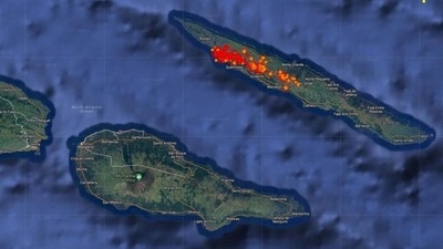 Satellite map shows seismic activity at Sao Jorge island after around 1,100 small earthquakes have rattled one of Portugal's mid-Atlantic volcanic islands in less than 48 hours in Azores islands, Portugal.&nbsp; (via REUTERS)