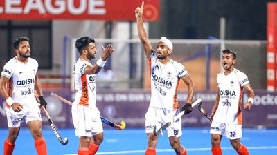 Indian players celebrate after scoring a goal during the FIH Men's Pro League hockey match between India and Argentina at Kalinga Stadium in Bhubaneswar (PTI) Indian players celebrate after scoring a goal during the FIH Men's Pro League hockey match between India and Argentina at Kalinga Stadium in Bhubaneswar (PTI)