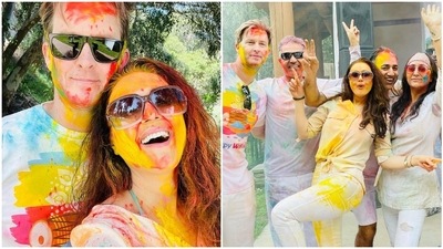 Preity Zinta and her husband Gene Goodenough celebrate Holi.