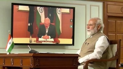 PM Modi and his Australian counterpart Scott Morrison holding a virtual summit. (YouTube/Narendra Modi) PM Modi and his Australian counterpart Scott Morrison holding a virtual summit. (YouTube/Narendra Modi)