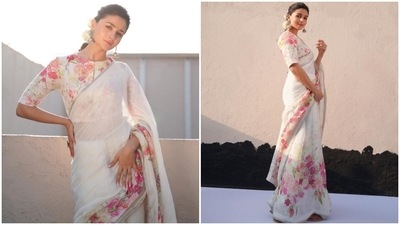 In another set of Instagram pictures, Alia Bhatt made jaws-drop in a floral white linen saree. (Instagram/@aliaabhatt) In another set of Instagram pictures, Alia Bhatt made jaws-drop in a floral white linen saree. (Instagram/@aliaabhatt)