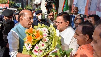 Union defence minister Rajnath Singh, who was the BJP’s central observer in the Uttarakhand legislative party meeting on Monday, said Dhami had left a mark in his short tenure as the chief minister of the state. (PTI) Union defence minister Rajnath Singh, who was the BJP’s central observer in the Uttarakhand legislative party meeting on Monday, said Dhami had left a mark in his short tenure as the chief minister of the state. (PTI)