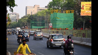 Work of Pune Metro route begins near E-square, on Monday. (HT PHOTO)